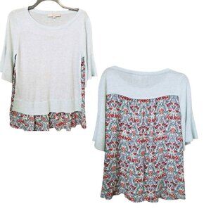 LOFT Light Blue Knit Top with Red & Teal Floral Back Panel
